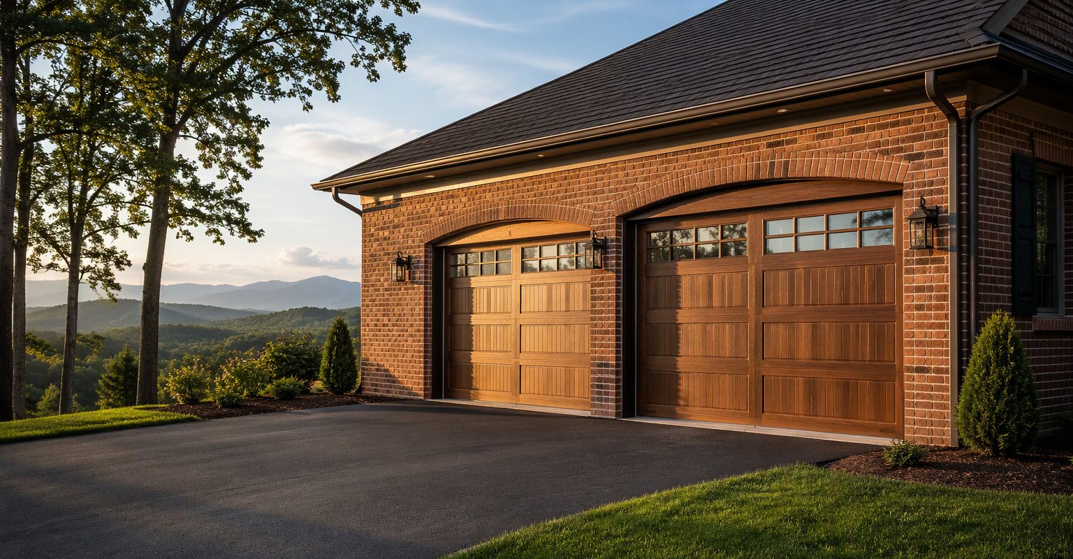 A well-kept wood-look garage door on a brick ranch home in warm afternoon light